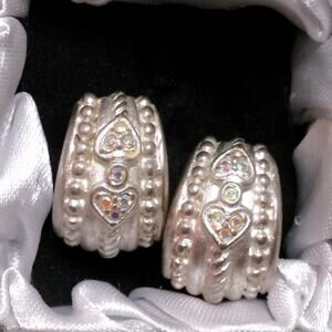 Vintage Chunky Semi Hoop Earrings Twisted Rope Heart Motifs Milgrain Border Rare